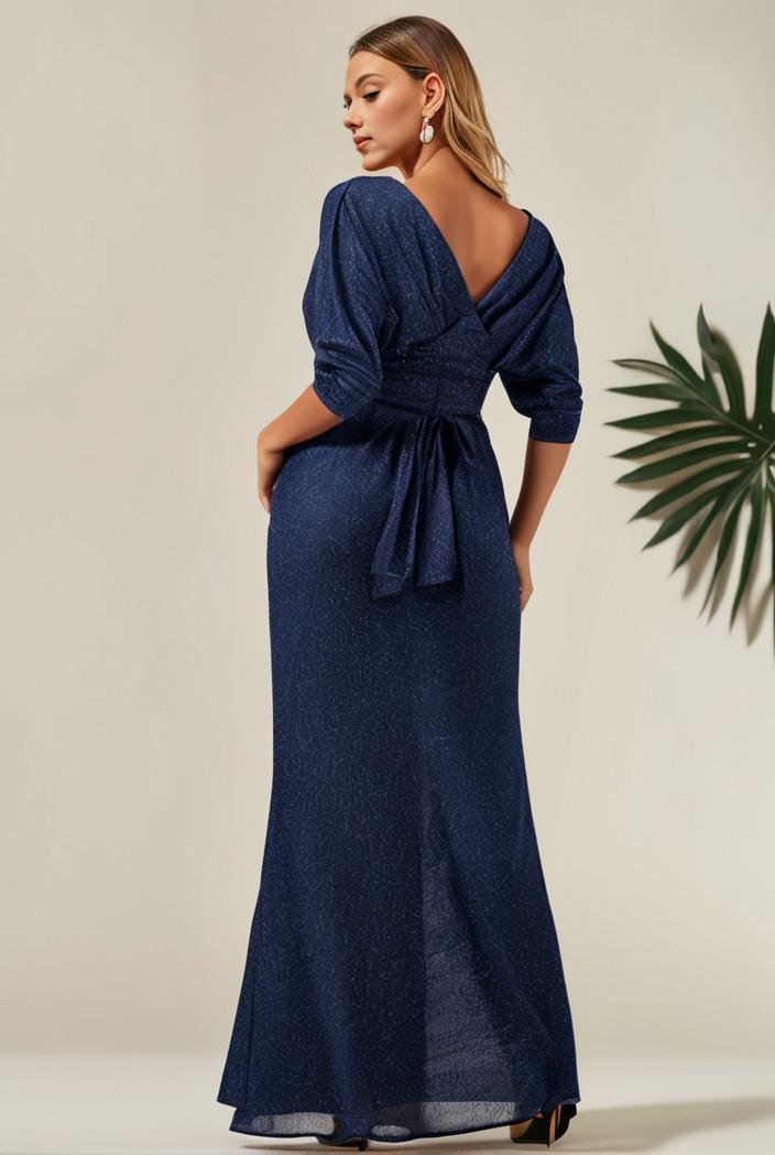 3 4 sleeve bodycon plunging back sequin evening dress 134984