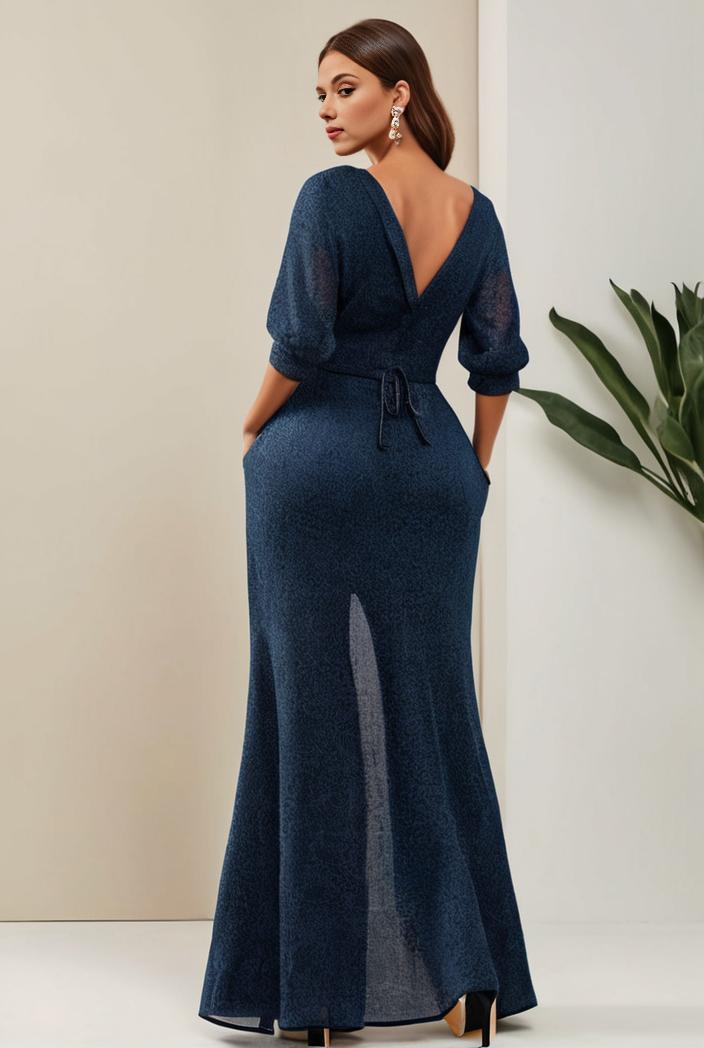 3 4 sleeve bodycon plunging back sequin evening dress 134986