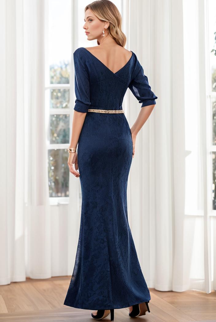 3 4 sleeve bodycon plunging back sequin evening dress 134990
