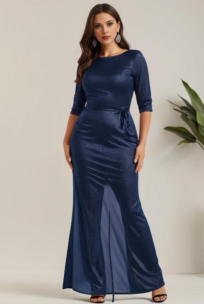 3 4 sleeve bodycon plunging back sequin evening dress 125896