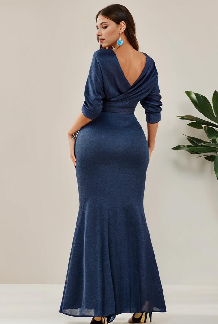 3 4 sleeve bodycon plunging back sequin evening dress 125913