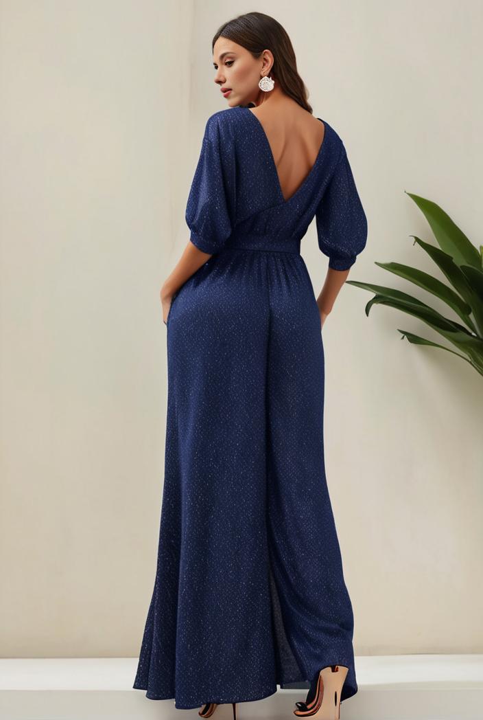 3 4 sleeve bodycon plunging back sequin evening dress 125914