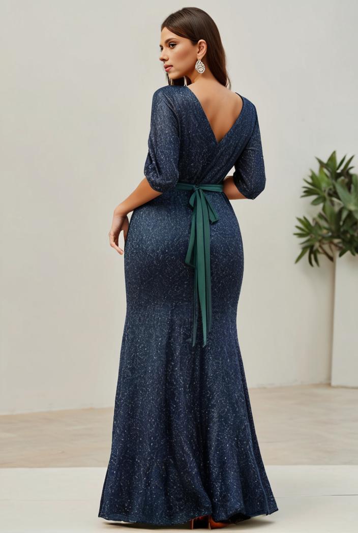 3 4 sleeve bodycon plunging back sequin evening dress 125916