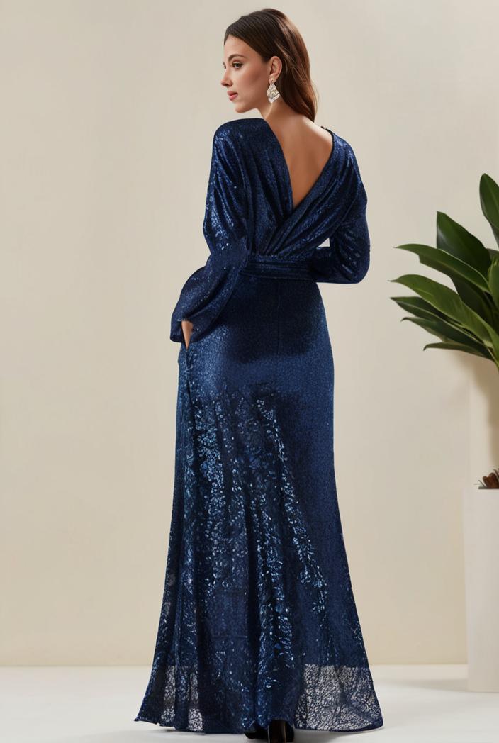 3 4 sleeve bodycon plunging back sequin evening dress 125917