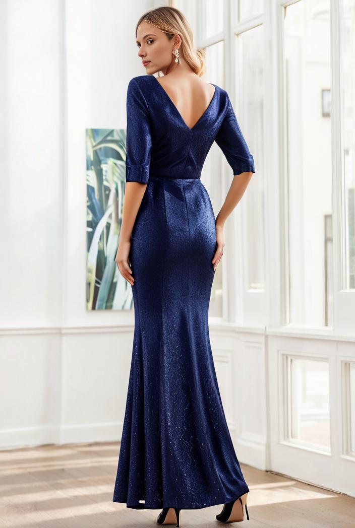 3 4 sleeve bodycon plunging back sequin evening dress 125922