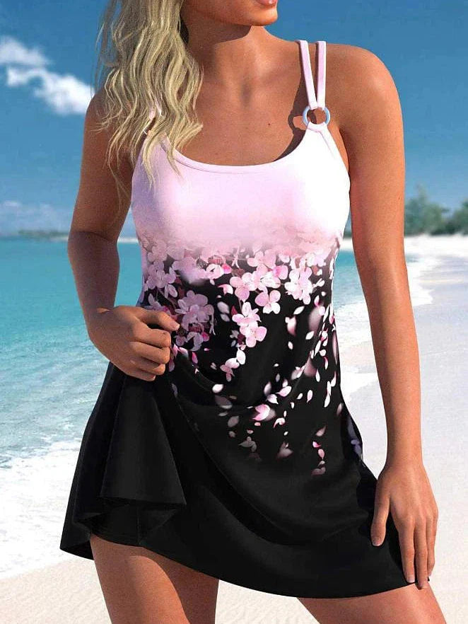 2 Piece Women's Tankini Swimsuit in Graphic Pink Blue Rose Pattern