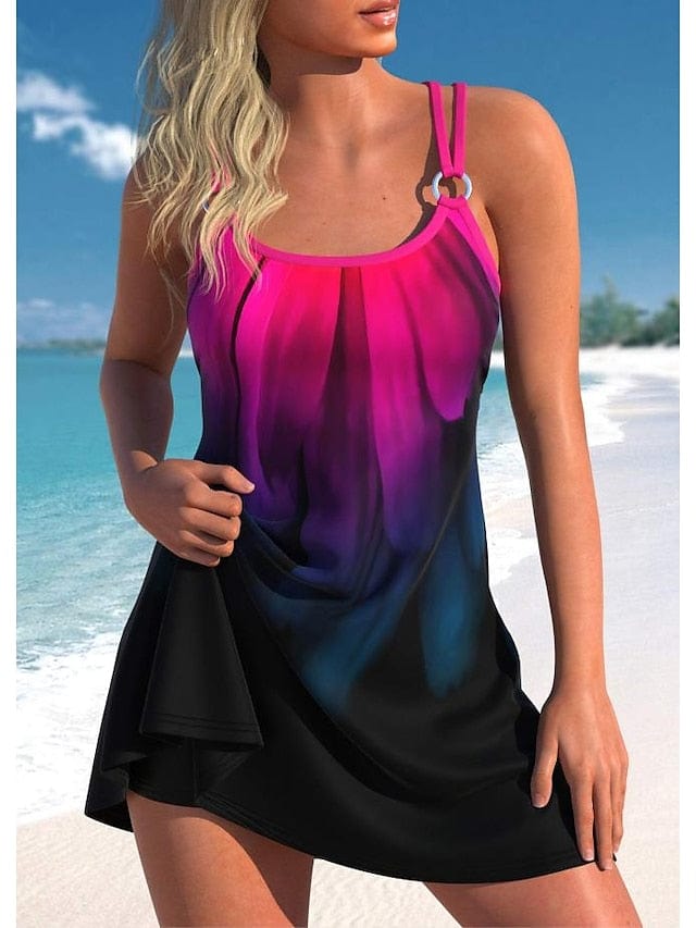 2 Piece Women's Tankini Swimsuit in Graphic Pink Blue Rose Pattern