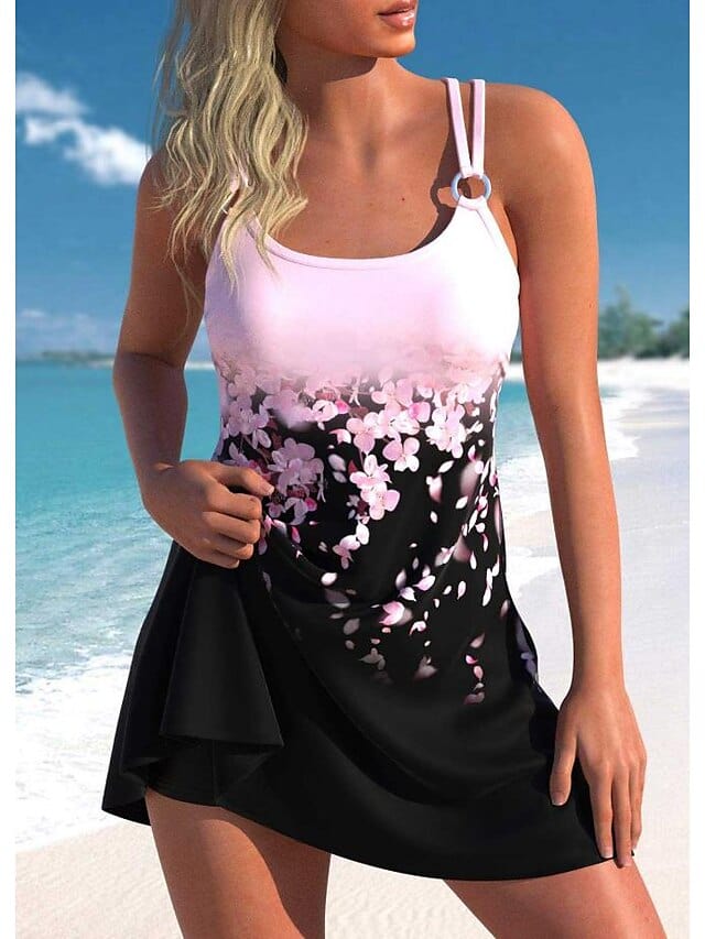 2 Piece Women's Tankini Swimsuit in Graphic Pink Blue Rose Pattern