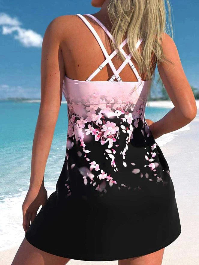 2 Piece Women's Tankini Swimsuit in Graphic Pink Blue Rose Pattern