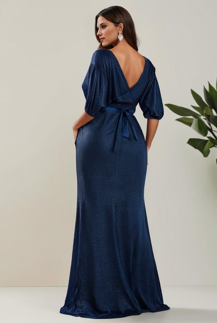 3 4 sleeve bodycon plunging back sequin evening dress 117118