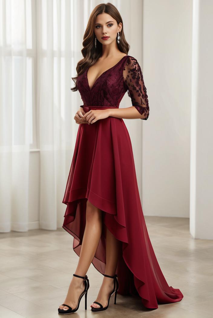 3 4 sleeve sheer sequin stripe high low hem evening dress 117149