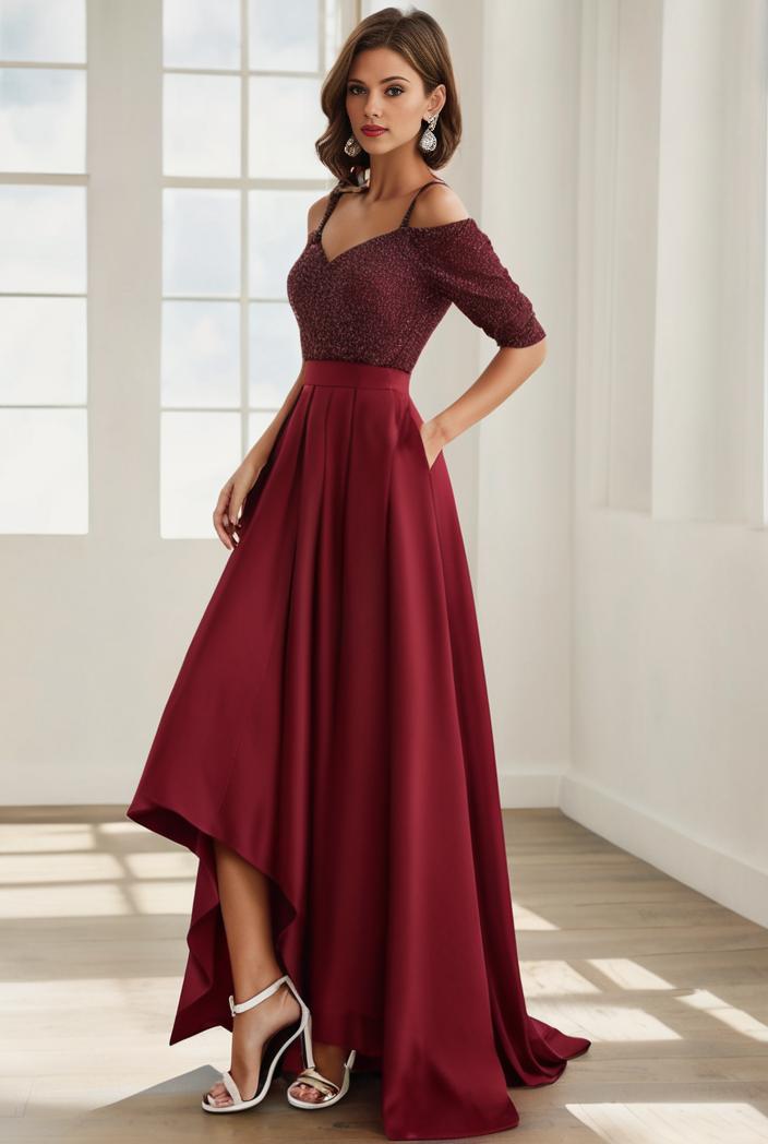 3 4 sleeve sheer sequin stripe high low hem evening dress 117180