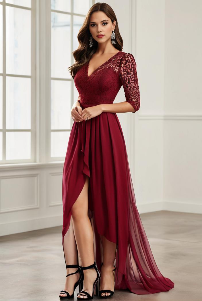 3 4 sleeve sheer sequin stripe high low hem evening dress 117198