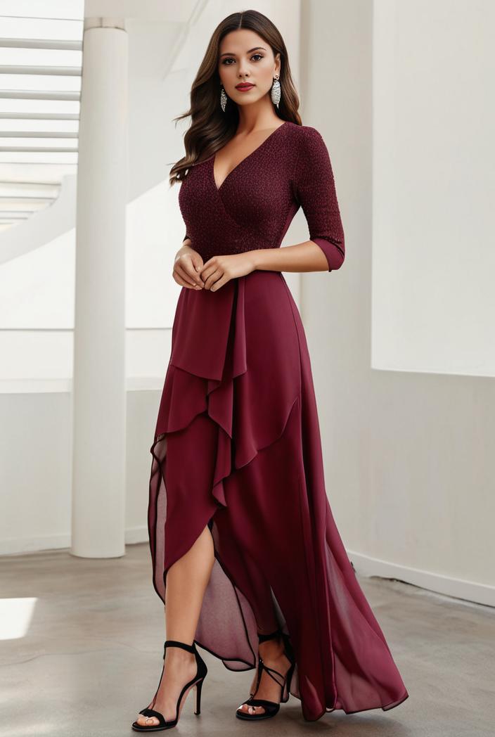 3 4 sleeve sheer sequin stripe high low hem evening dress 117199