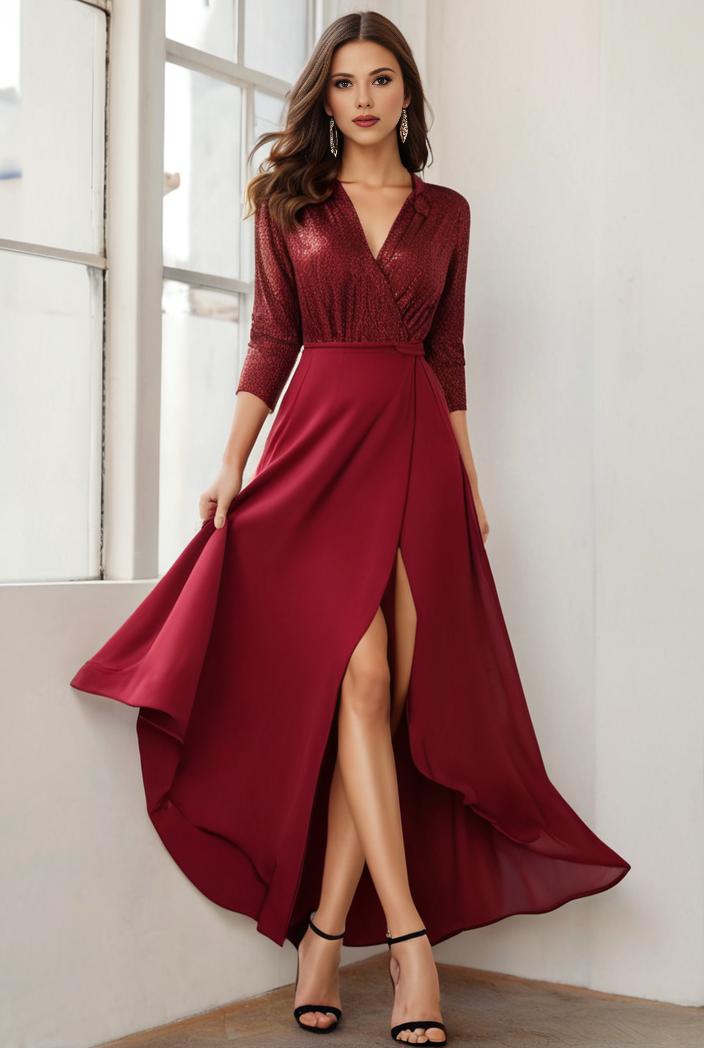 3 4 sleeve sheer sequin stripe high low hem evening dress 117203