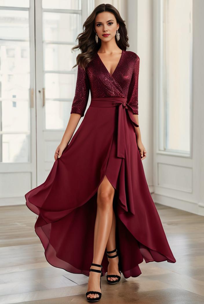 3 4 sleeve sheer sequin stripe high low hem evening dress 117205