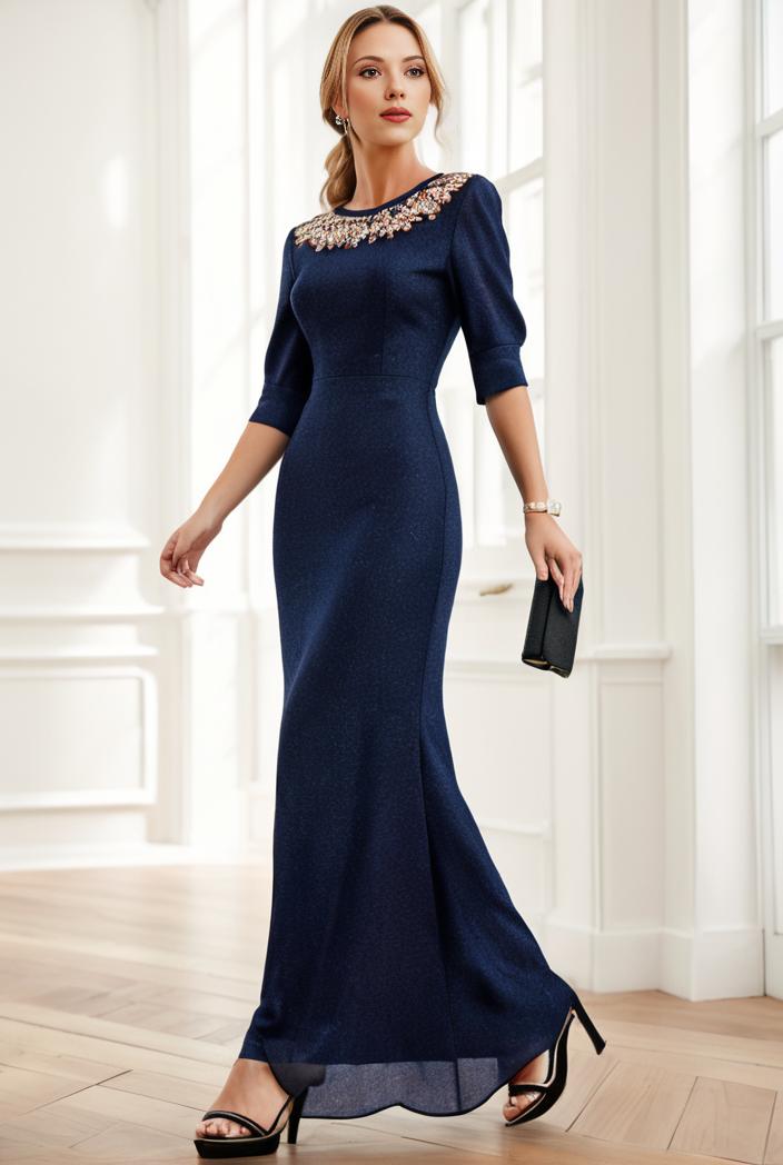 3 4 sleeve bodycon plunging back sequin evening dress 136243