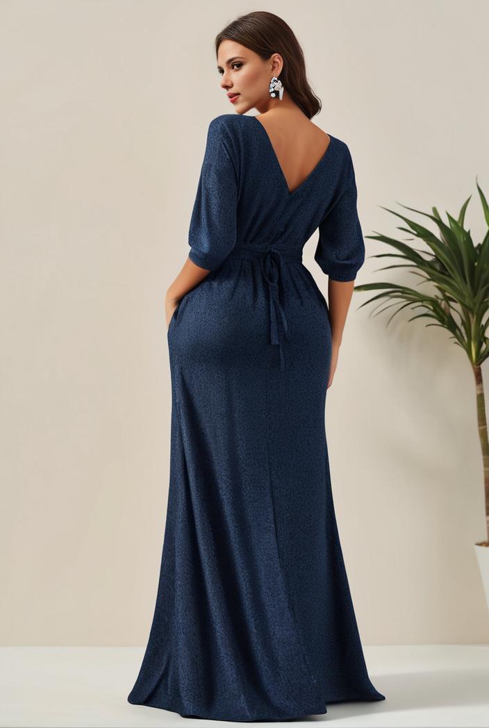 3 4 sleeve bodycon plunging back sequin evening dress 136264