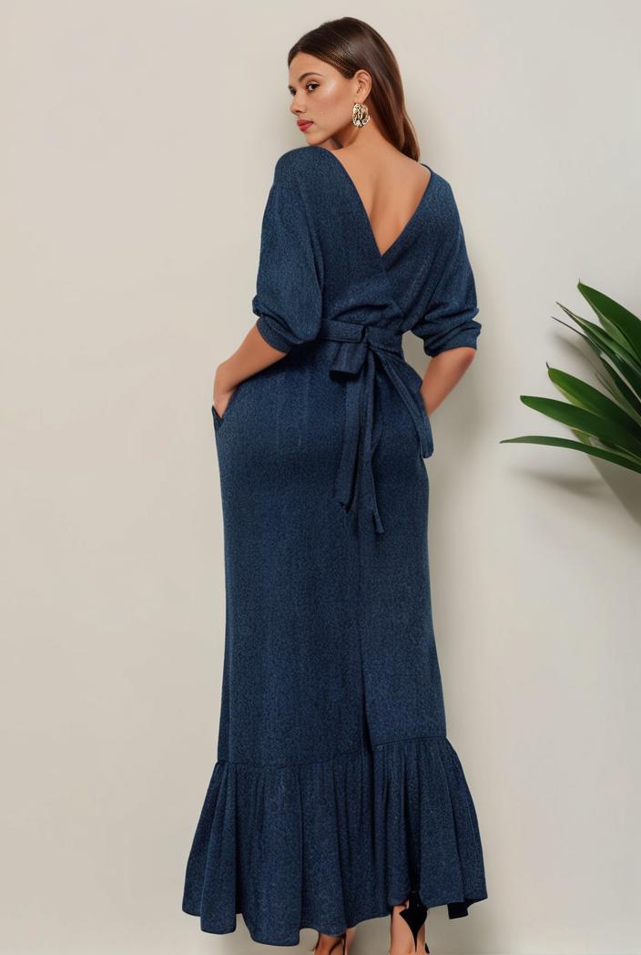 3 4 sleeve bodycon plunging back sequin evening dress 136266