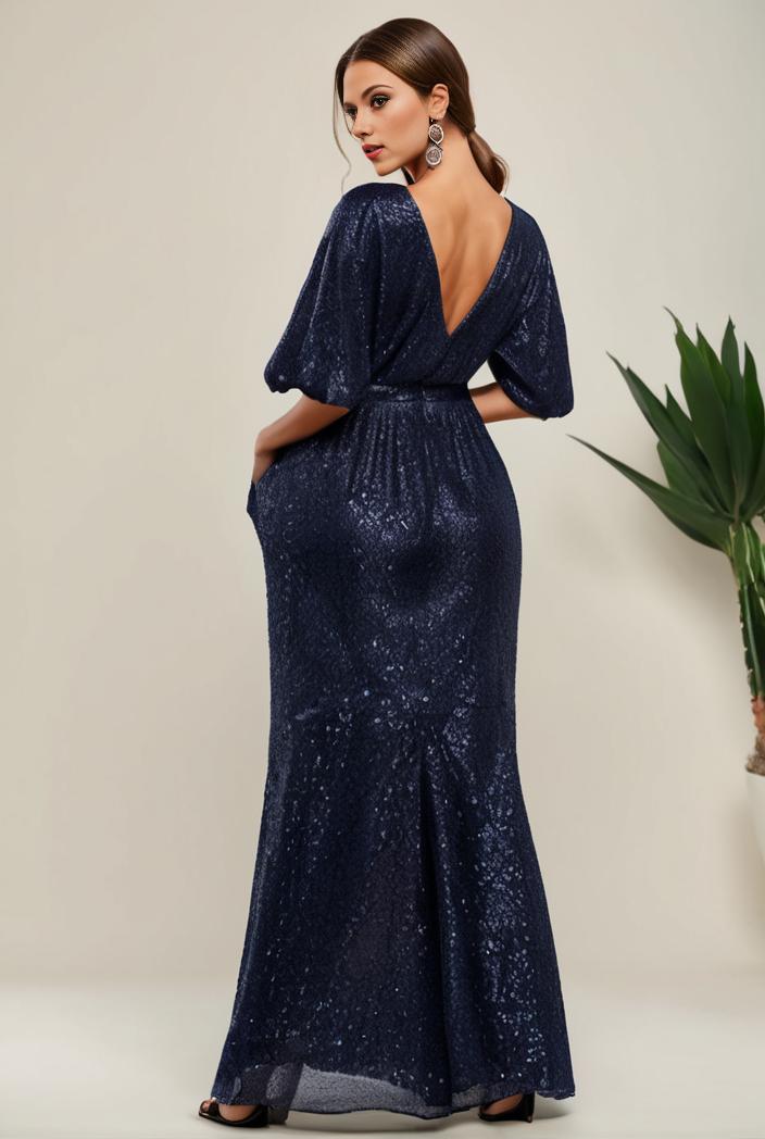 3 4 sleeve bodycon plunging back sequin evening dress 136267