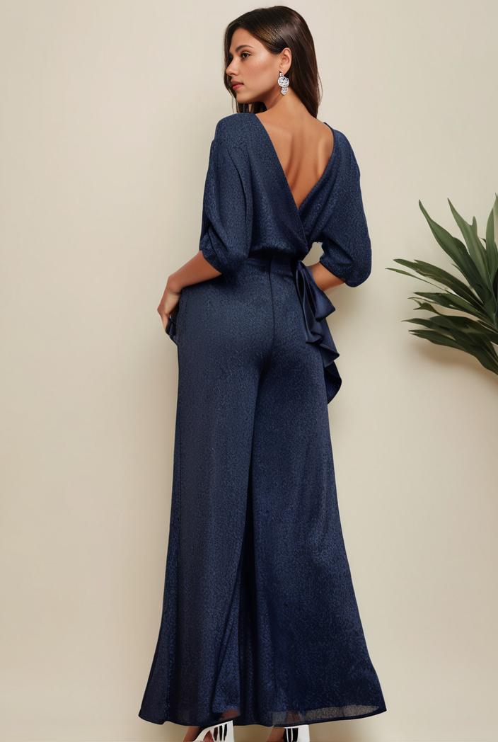 3 4 sleeve bodycon plunging back sequin evening dress 136269