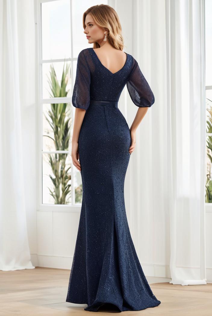 3 4 sleeve bodycon plunging back sequin evening dress 136271