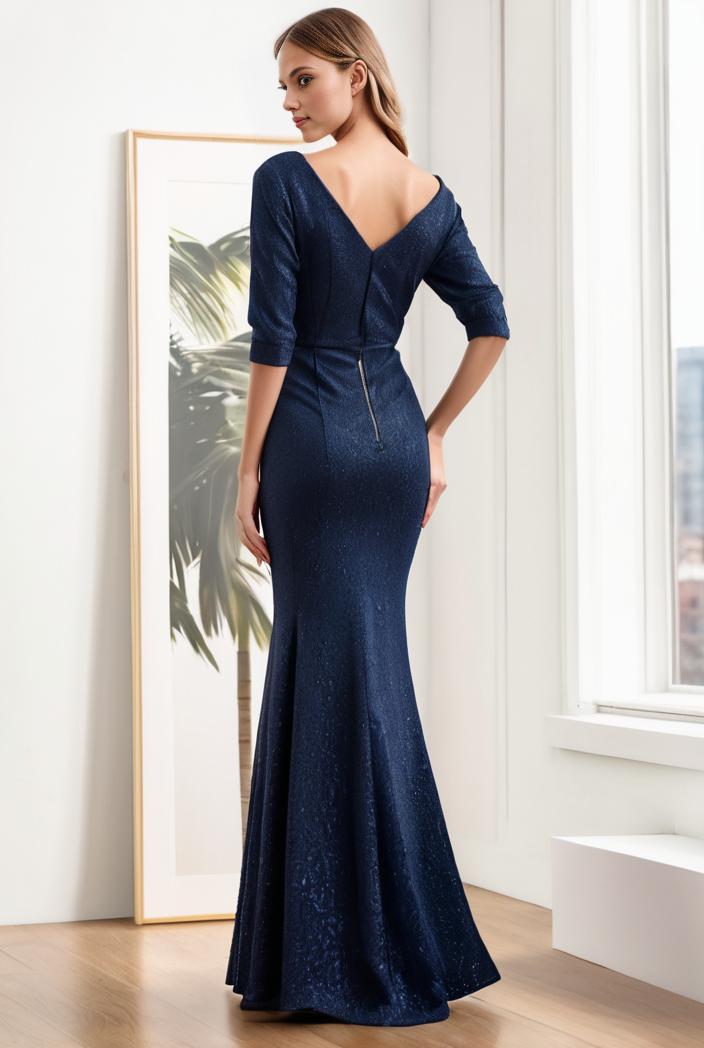 3 4 sleeve bodycon plunging back sequin evening dress 136275