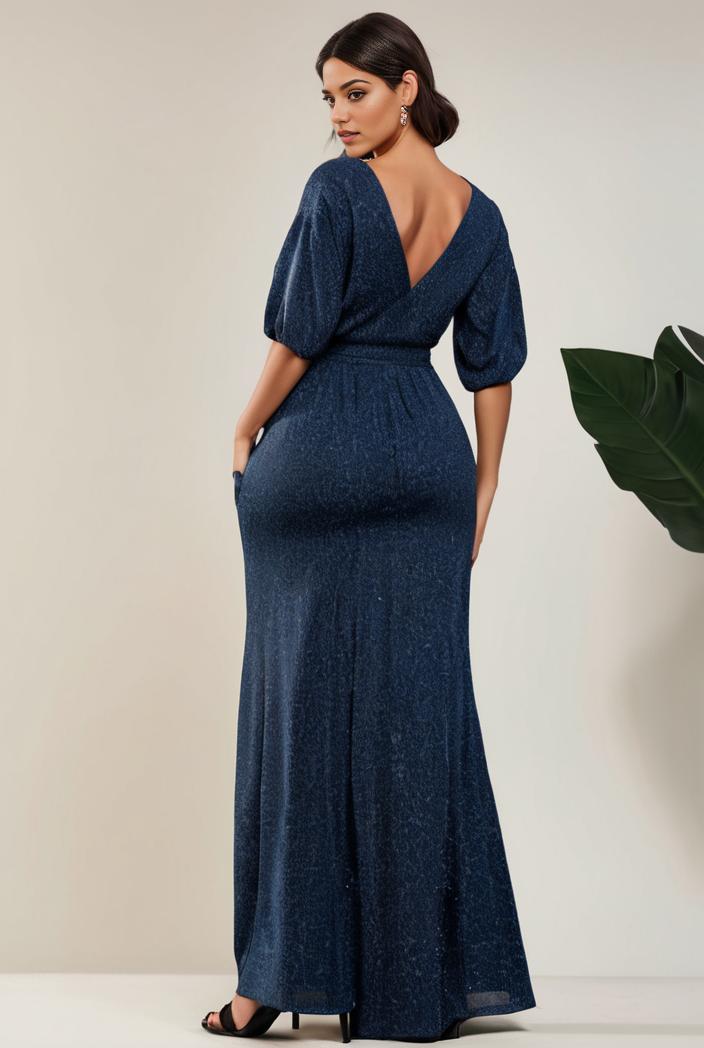 3 4 sleeve bodycon plunging back sequin evening dress 105913