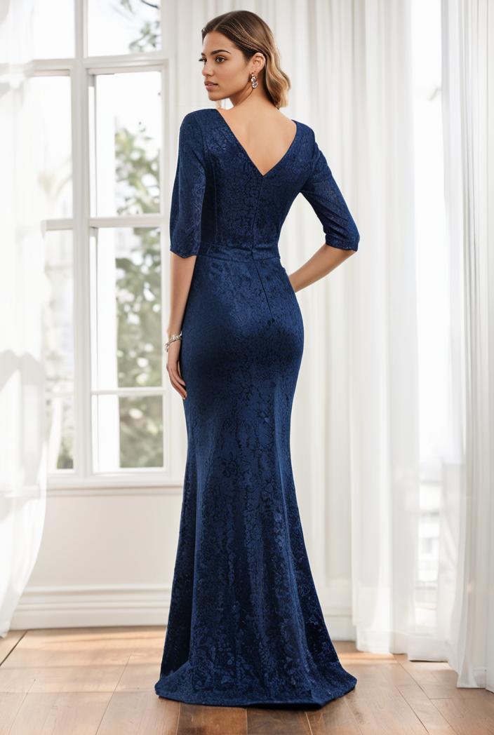 3 4 sleeve bodycon plunging back sequin evening dress 105921