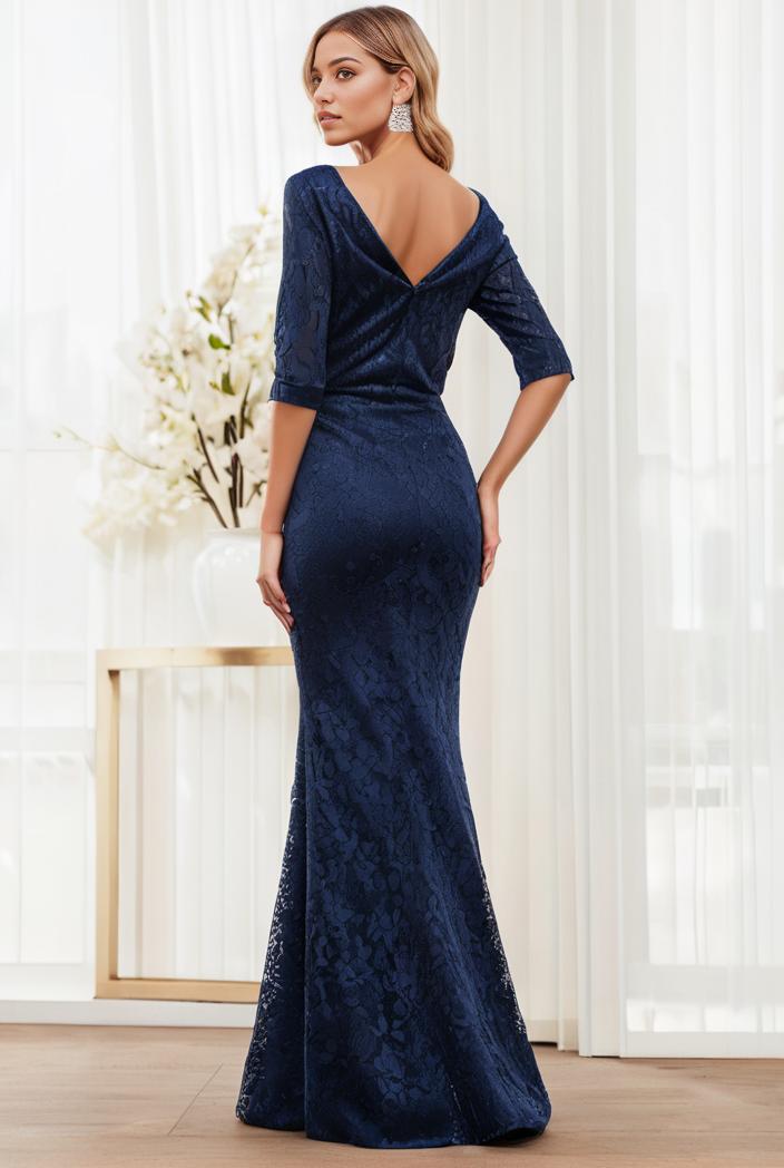 3 4 sleeve bodycon plunging back sequin evening dress 105922