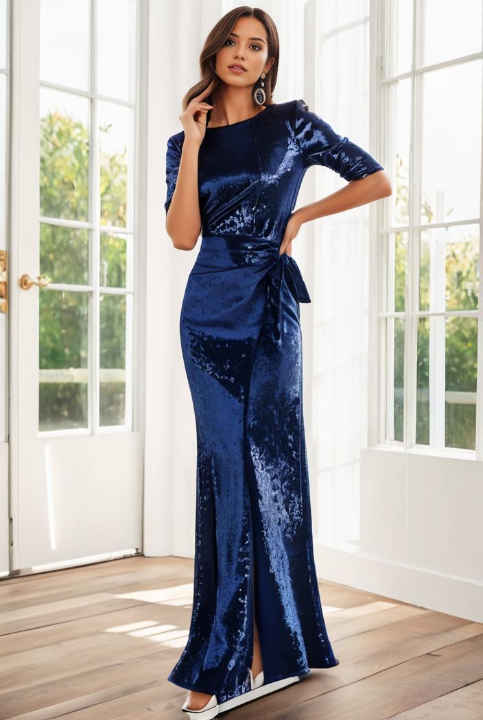 3 4 sleeve bodycon plunging back sequin evening dress 105936