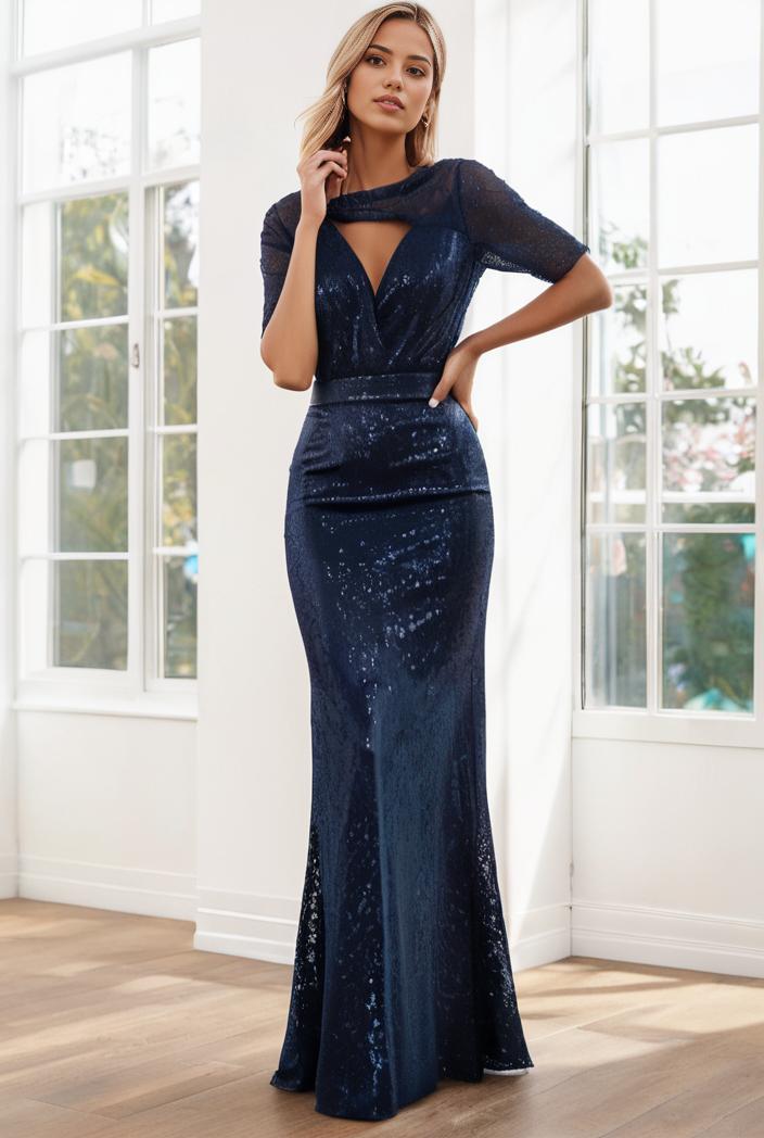 3 4 sleeve bodycon plunging back sequin evening dress 105938