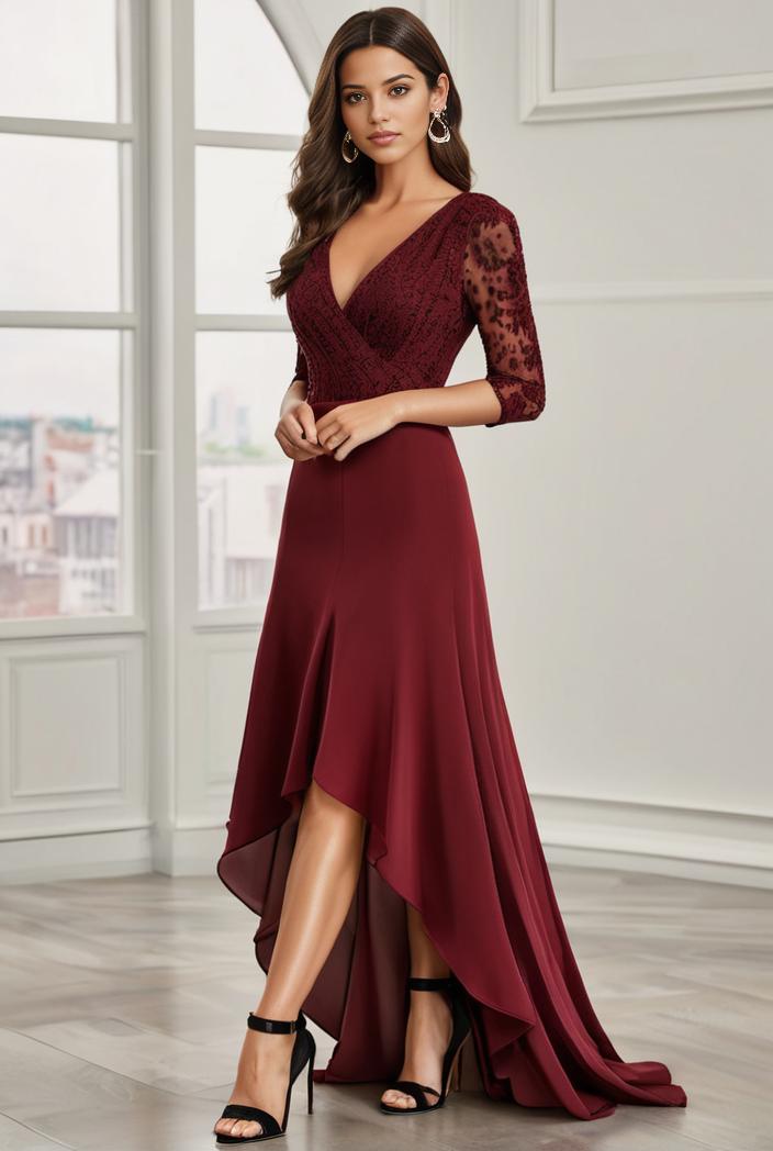 3 4 sleeve sheer sequin stripe high low hem evening dress 105943