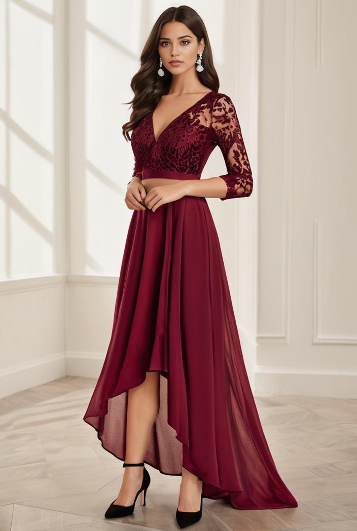 3 4 sleeve sheer sequin stripe high low hem evening dress 105944