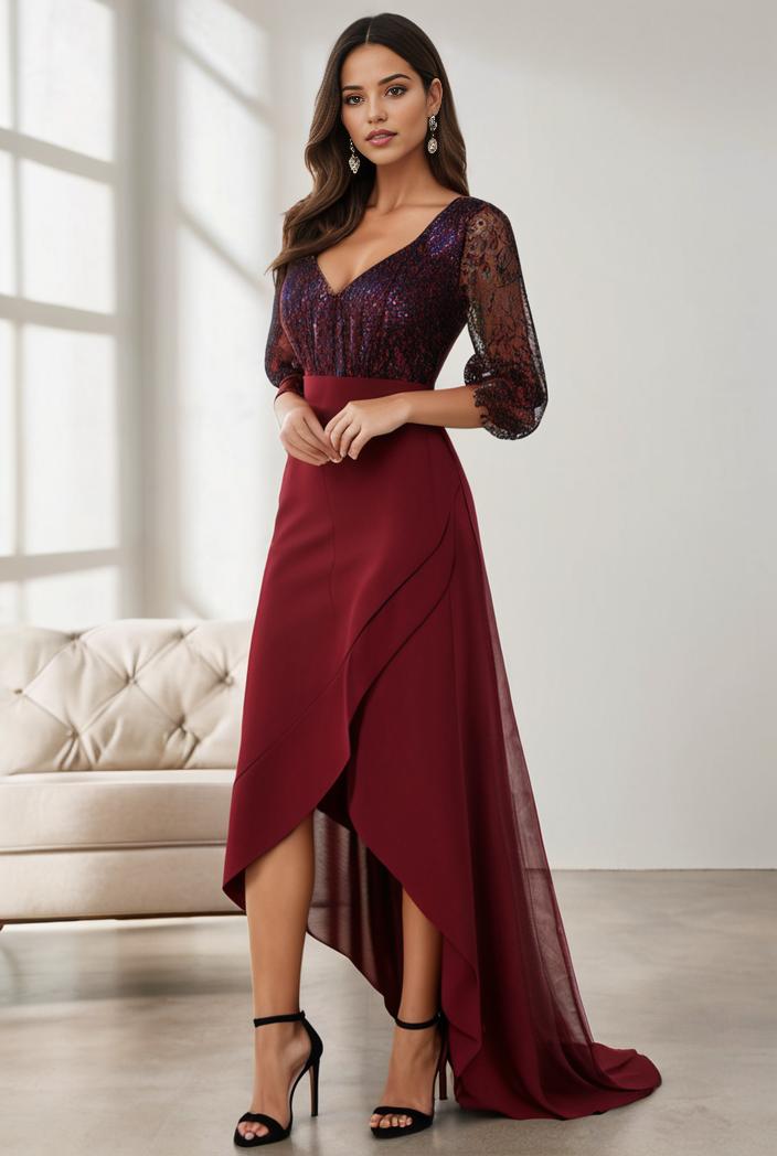 3 4 sleeve sheer sequin stripe high low hem evening dress 105945