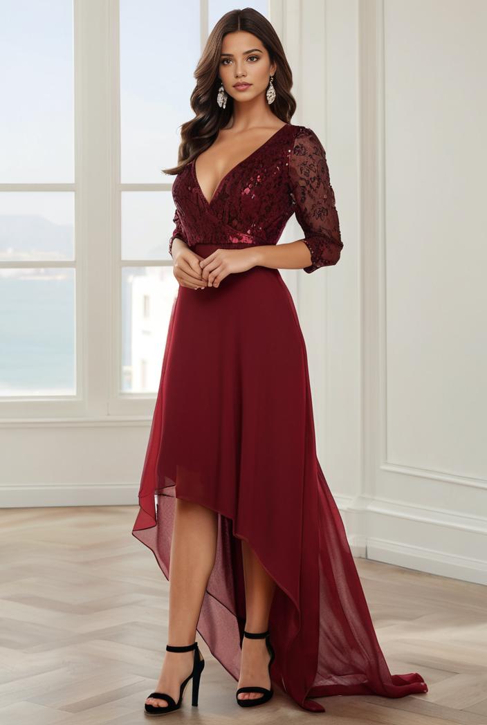 3 4 sleeve sheer sequin stripe high low hem evening dress 105946