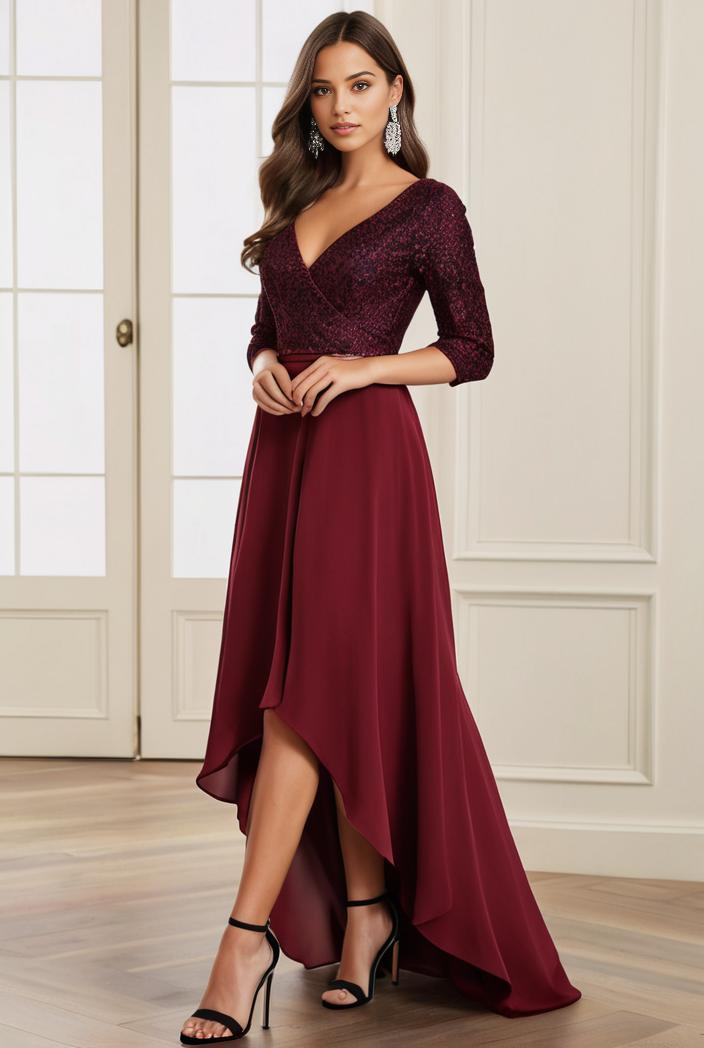 3 4 sleeve sheer sequin stripe high low hem evening dress 105949