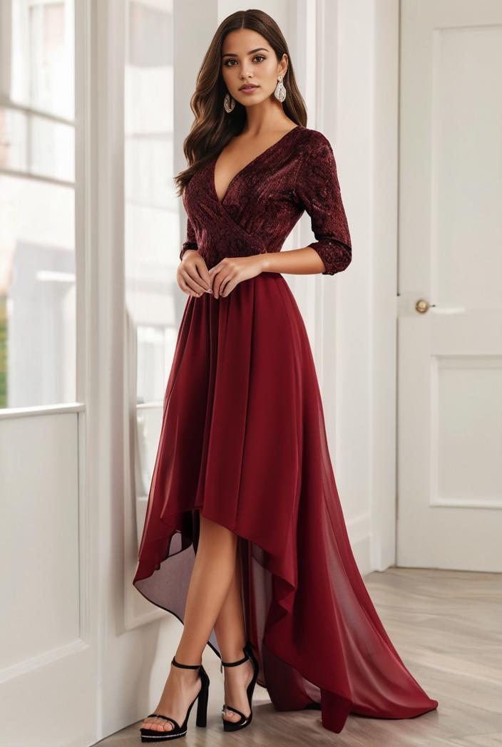 3 4 sleeve sheer sequin stripe high low hem evening dress 105950