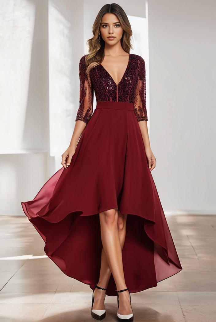 3 4 sleeve sheer sequin stripe high low hem evening dress 105961