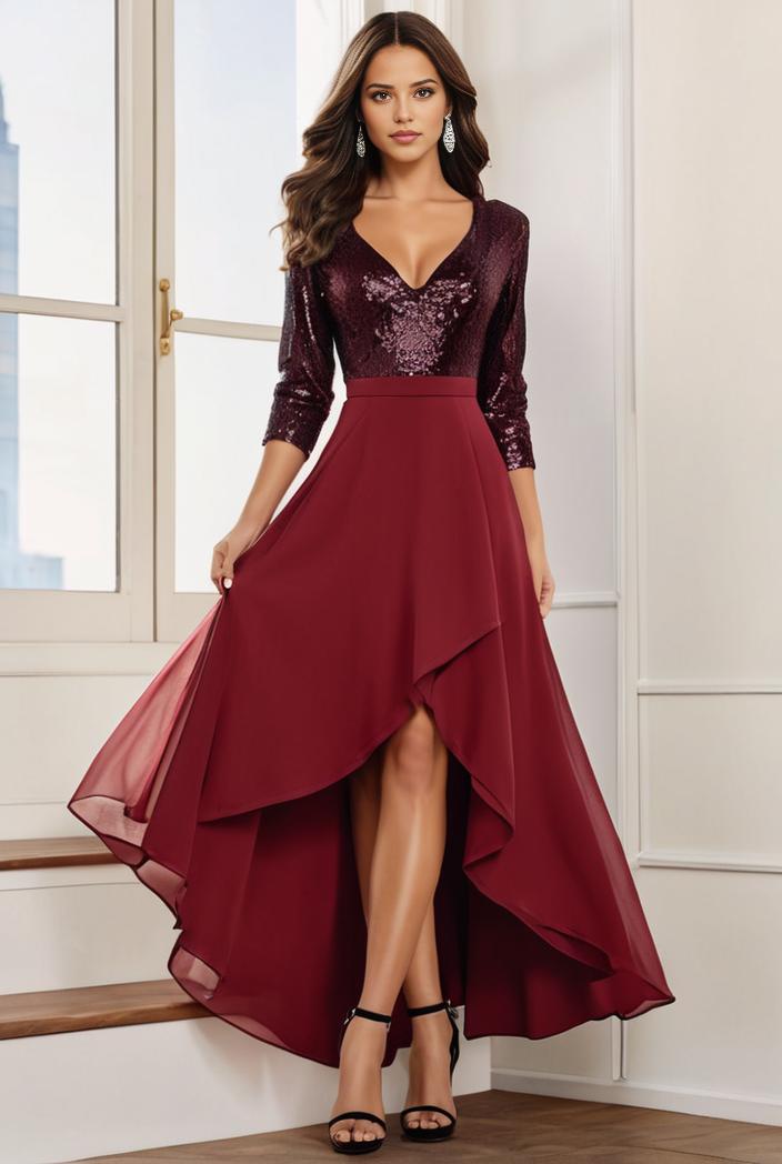 3 4 sleeve sheer sequin stripe high low hem evening dress 105965