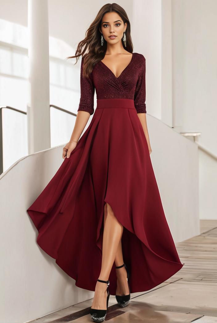 3 4 sleeve sheer sequin stripe high low hem evening dress 105966