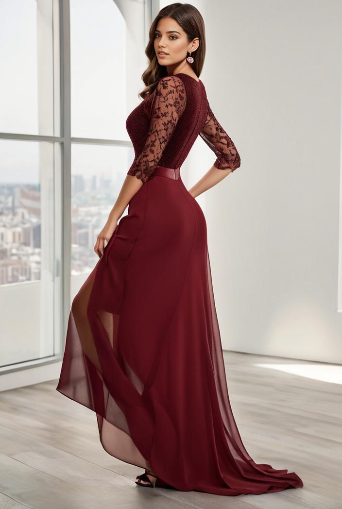 3 4 sleeve sheer sequin stripe high low hem evening dress 105983