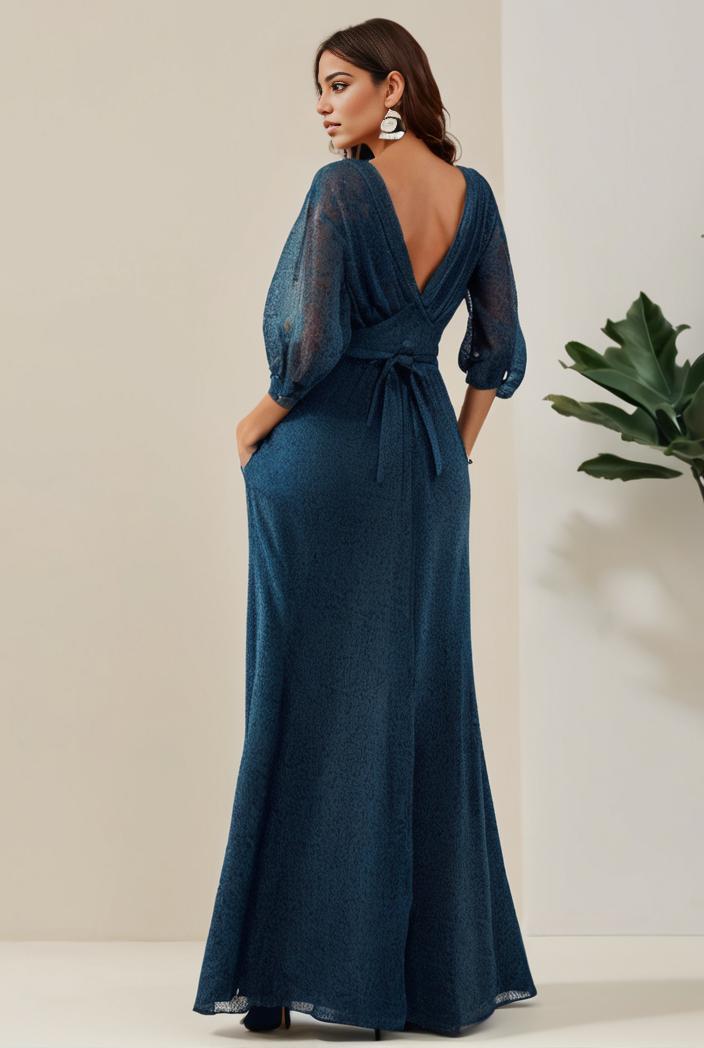 3 4 sleeve bodycon plunging back sequin evening dress 149763