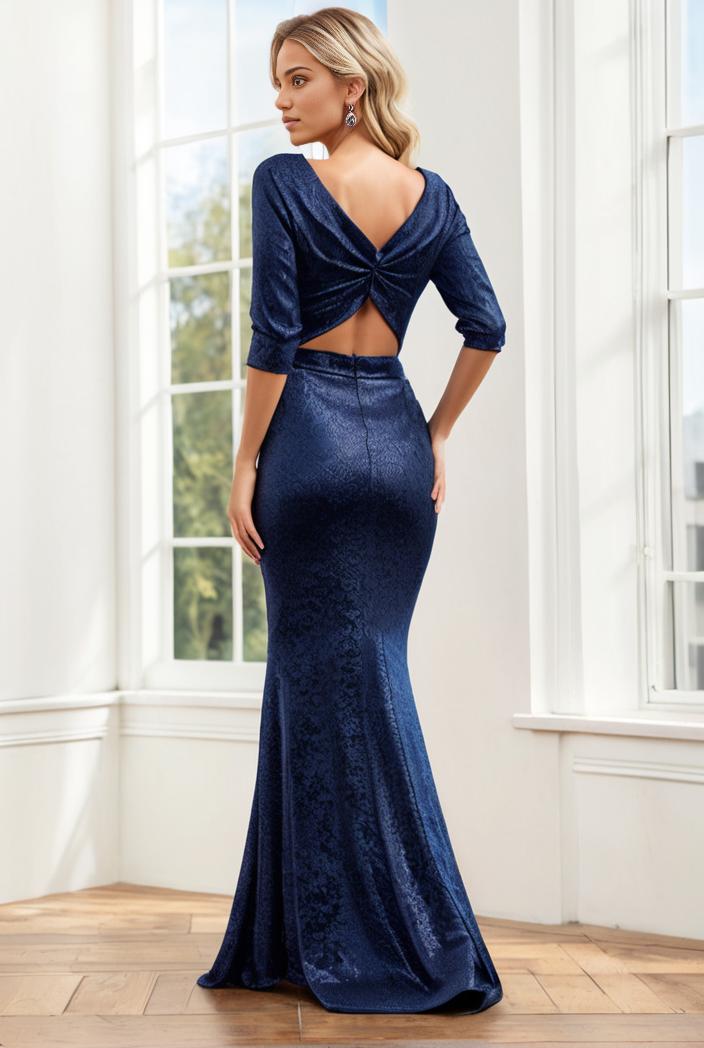 3 4 sleeve bodycon plunging back sequin evening dress 149768