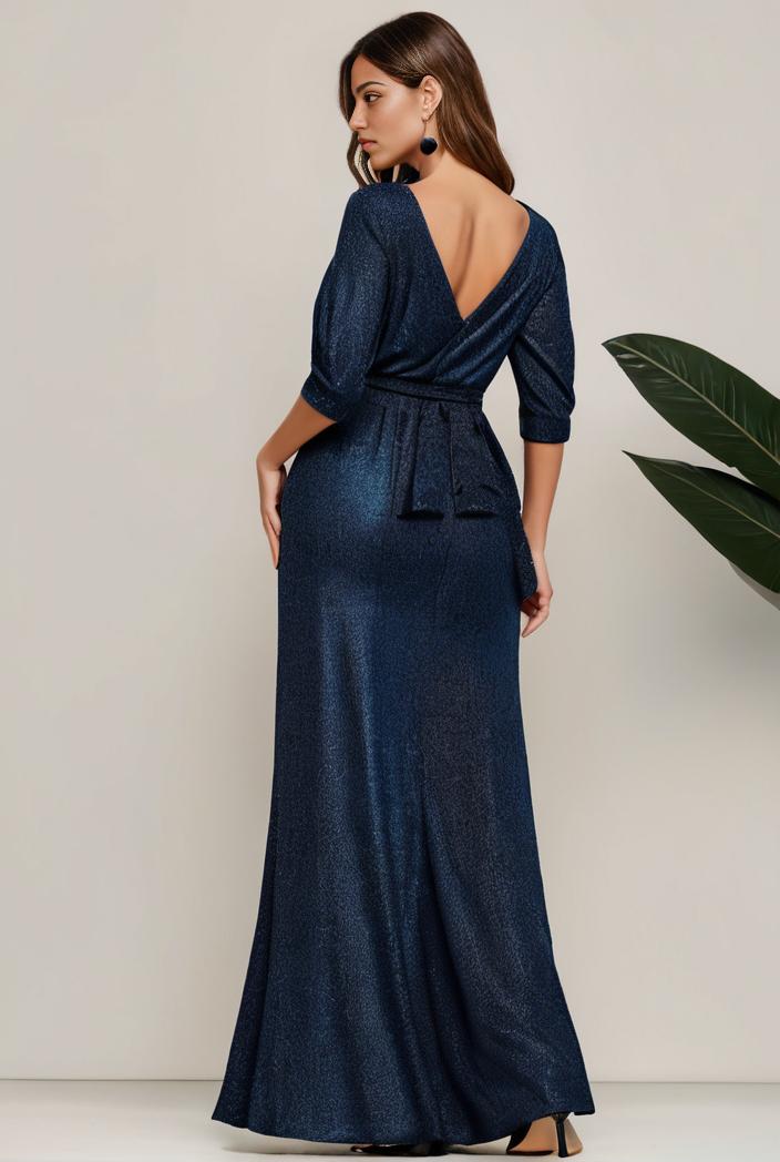 3 4 sleeve bodycon plunging back sequin evening dress 116193