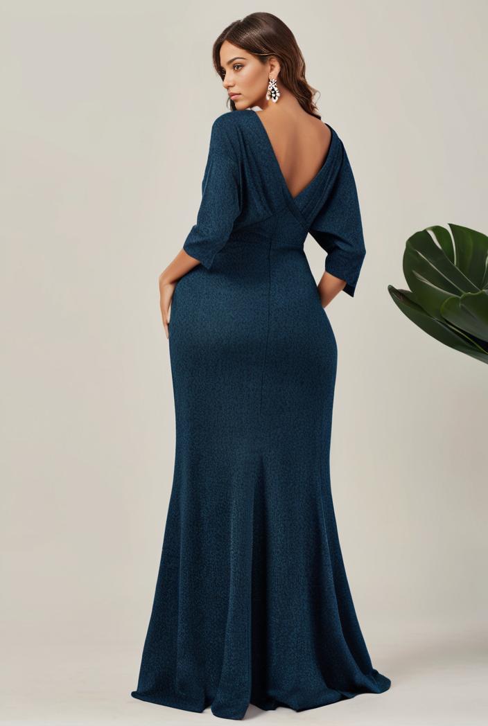 3 4 sleeve bodycon plunging back sequin evening dress 116195