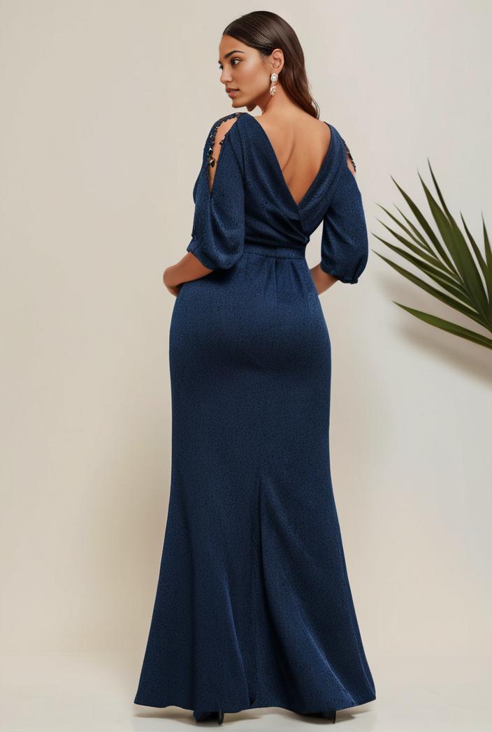 3 4 sleeve bodycon plunging back sequin evening dress 116198