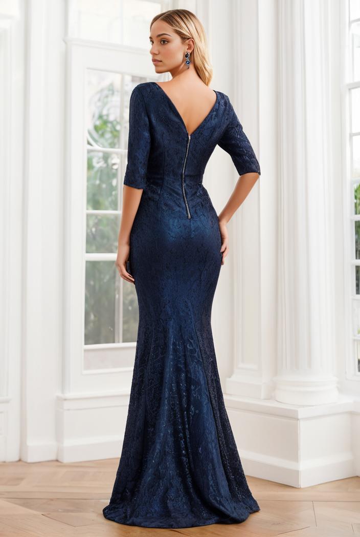 3 4 sleeve bodycon plunging back sequin evening dress 116201