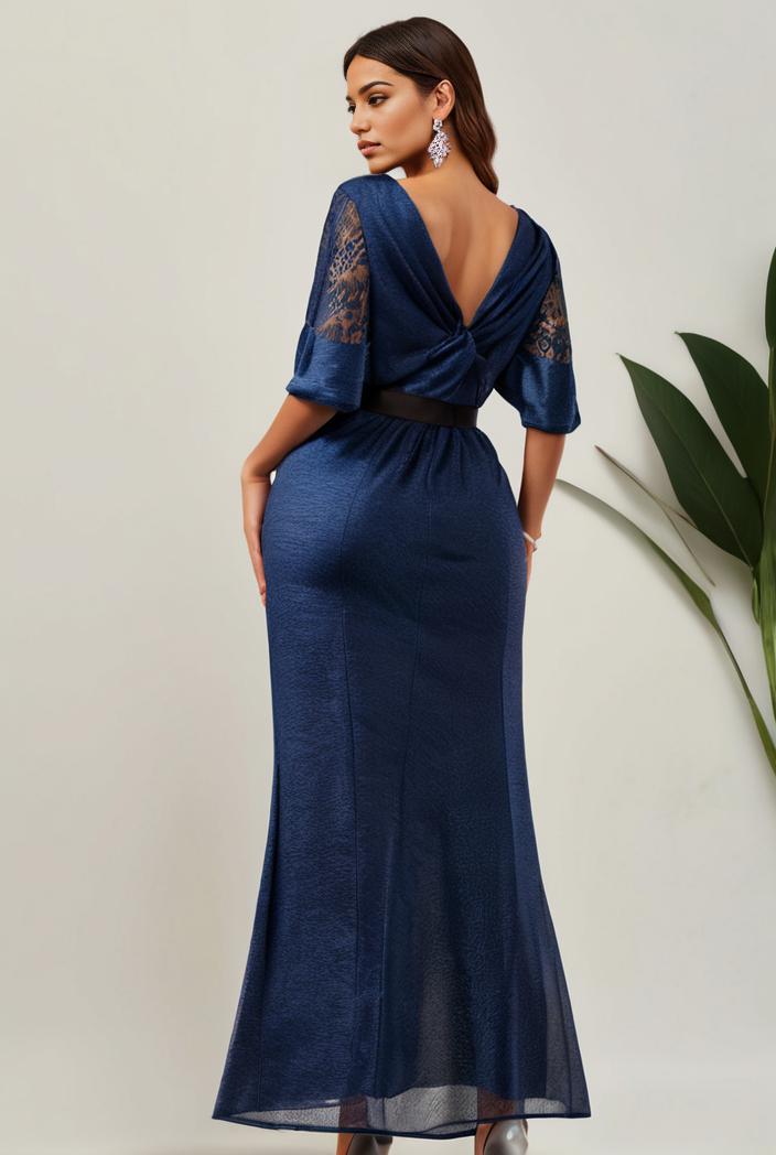 3 4 sleeve bodycon plunging back sequin evening dress 125763