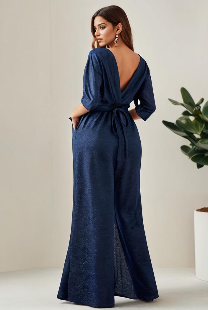 3 4 sleeve bodycon plunging back sequin evening dress 125769